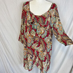 Umgee Womens LARGE Paisley Boho Lined Tunic Bow Front Shift Dress Red